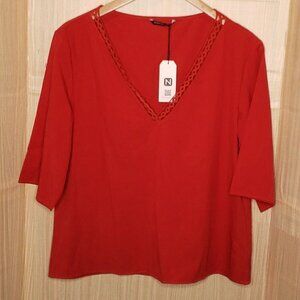 Noracora Womens New Red Elbow Length Crochet Detail Top Large